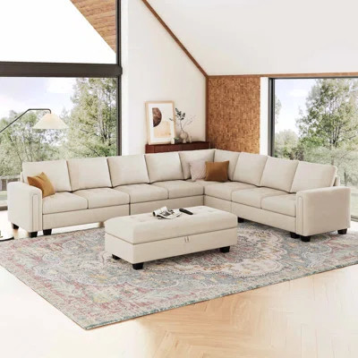Shavera 7 - Piece Velvet Upholstered Sectional Sofa Large L shaped Livingroom Couch with Storage Ottoman | Wayfair North America