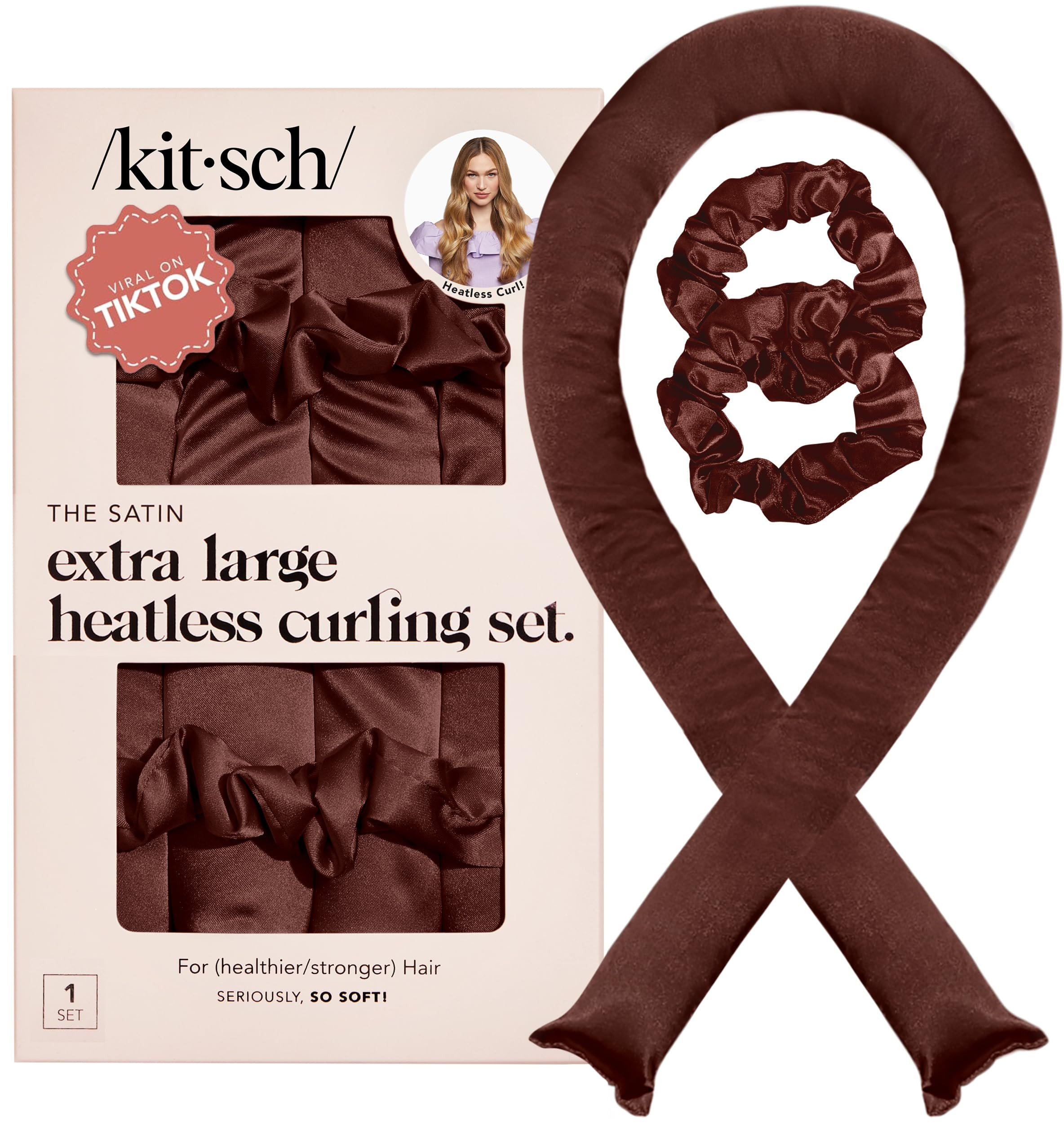 Kitsch XL Satin Heatless Hair Curler Set - Heatless Curls, Comfortable Hair Curlers to Sleep In for Frizz-Free, No Heat Damage Styling, Jumbo Curling Rod Headband - Chocolate | Amazon (US)