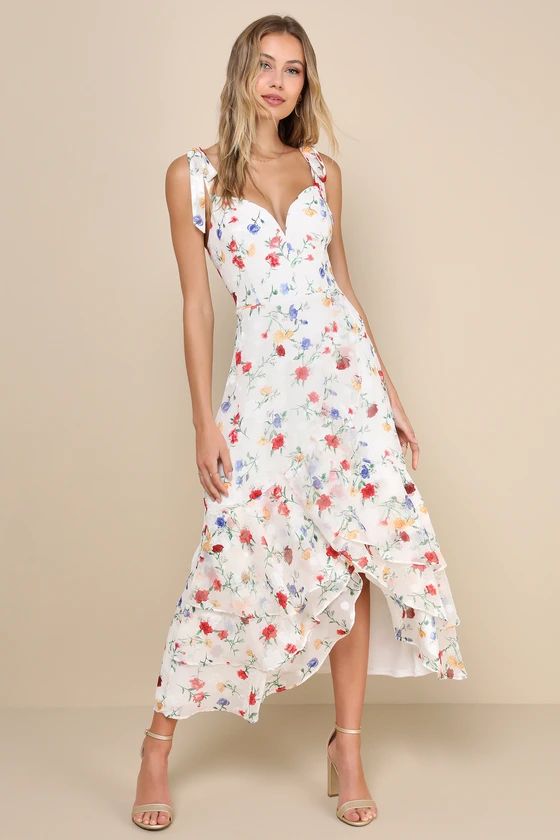 So Elevated Ivory Floral Jacquard Tie-Strap High-Low Midi Dress | Lulus