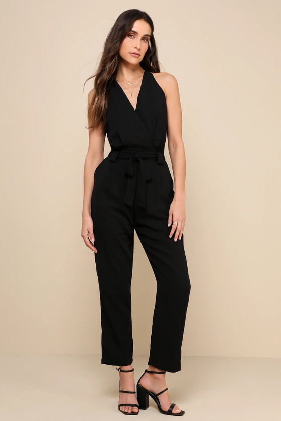 In the City Black Surplice Sleeveless Jumpsuit | Lulus