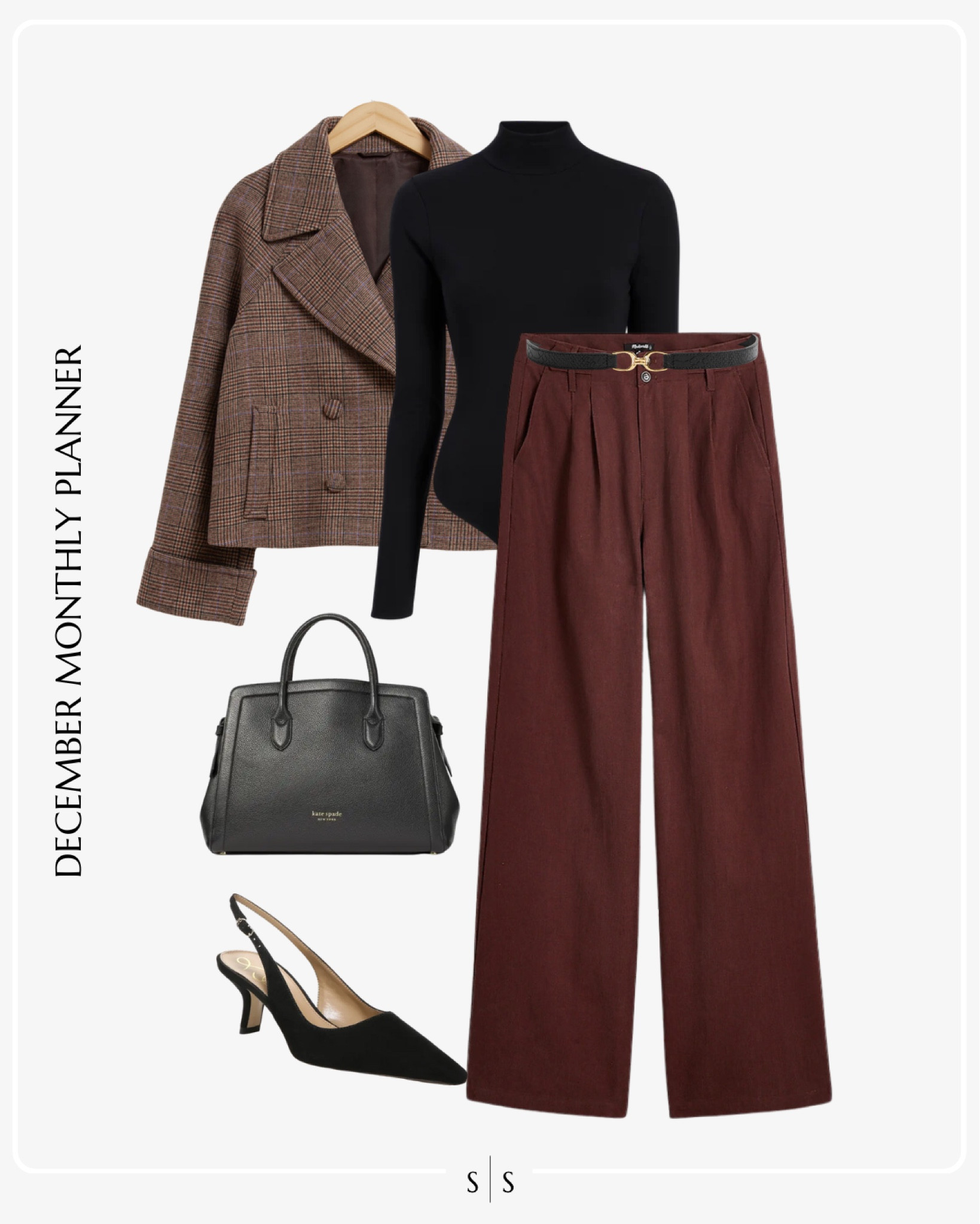 Monthly outfit planner: DECEMBER: Winter looks | trouser, turtleneck bodysuit, plaid pea coat, slingback heel, black handbag | workwear

See the entire calendar on thesarahstories.com ✨ 

#LTKworkwear #LTKstyletip