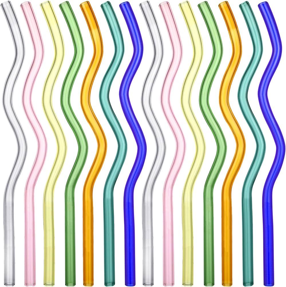 14 Pieces 8 x 200 mm Wavy High Borosilicate Transparent Glass Straws Cute Colored Glass Straws Fu... | Amazon (US)