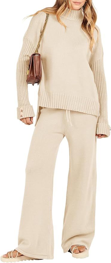 Caracilia Women's Two Piece Outfits Sweater Sets 2 Piece Long Sleeve Knit Pullover Tops Wide Leg ... | Amazon (US)