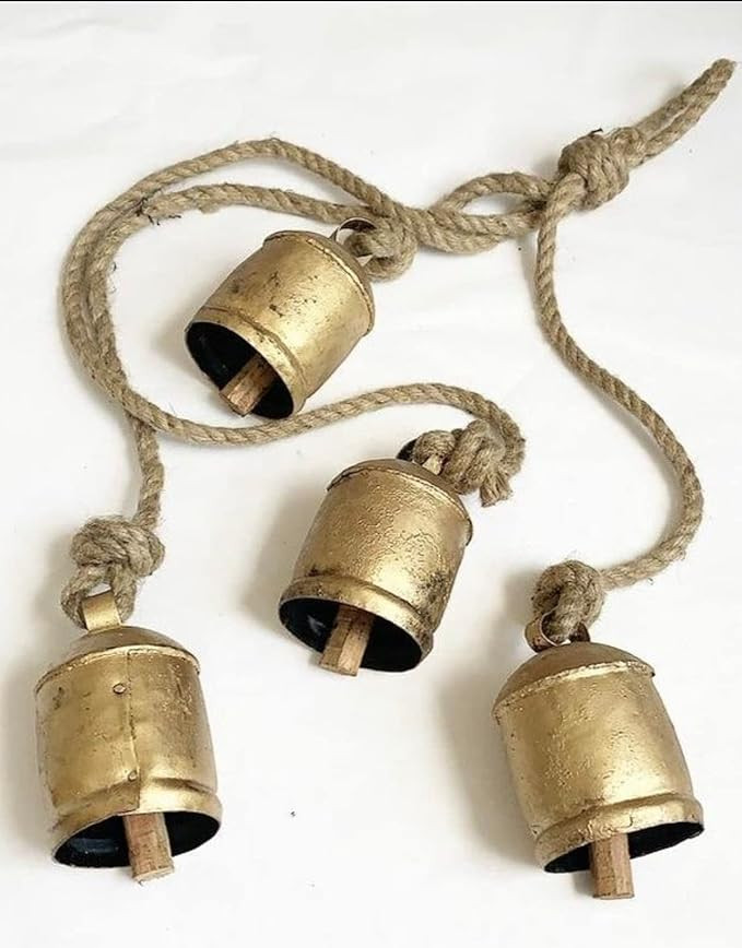 Small Vintage Rustic Lucky Tin Metal Cow Bells Handmade Christmas Décor Bells on Jute Rope | Amazon (US)
