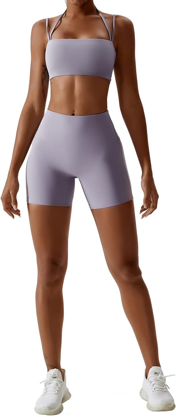 IMEKIS Women's Workout Sets 2 Piece Yoga Outfit High Waisted Biker Shorts Leggings Sports Bra Gym... | Amazon (US)