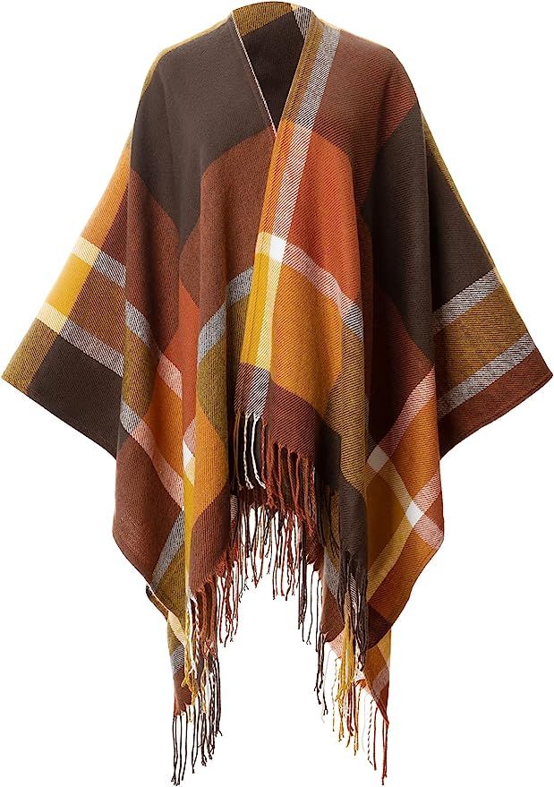 Moss Rose Women's Travel Plaid Shawl Wrap Open Front Poncho Cape for Fall Winter | Amazon (US)