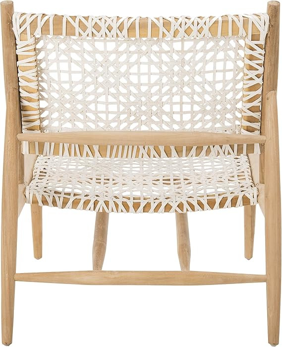 SAFAVIEH Home Collection Bandelier Light Oak Teak Wood/ White Leather Weave Accent Chair (Fully A... | Amazon (US)