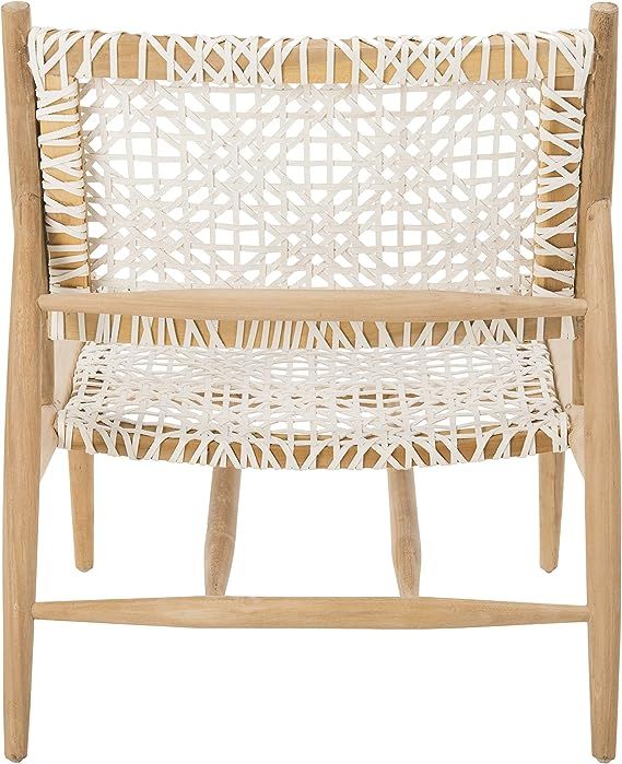 SAFAVIEH Home Collection Bandelier Light Oak Teak Wood/ White Leather Weave Accent Chair (Fully A... | Amazon (US)