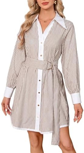 YEXPINE Womens Striped Shirt Dress Long Sleeve Button Down V Neck Mini Tunic Dress Belted Workwea... | Amazon (US)