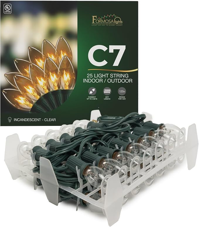 C7 26ft Indoor/Outdoor Clear Incandescent Christmas String Lights with 25 Bulbs and E12 Base | 12... | Amazon (US)