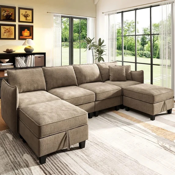 BedLuxury 112" Modular Sectional Sofa with 2 Moveable Storage Ottoman, Cloud Couch Seats 6, Moder... | Walmart (US)