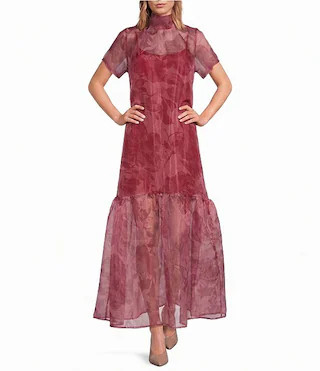 Ellery Floral Print Dime Mock Neck Short Sleeve Maxi Dress | Dillard's