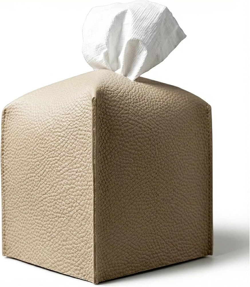 Beige PU Leather Square Tissue Box Cover - Stylish Facial Tissue Holder for Home, Office & Car (F... | Amazon (US)