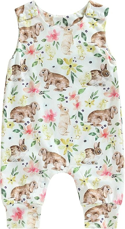 Infant Baby Girl Boy Easter Outfit Rabbit Print Romper Jumpsuit Overalls Snap Suspender Pants Sum... | Amazon (US)