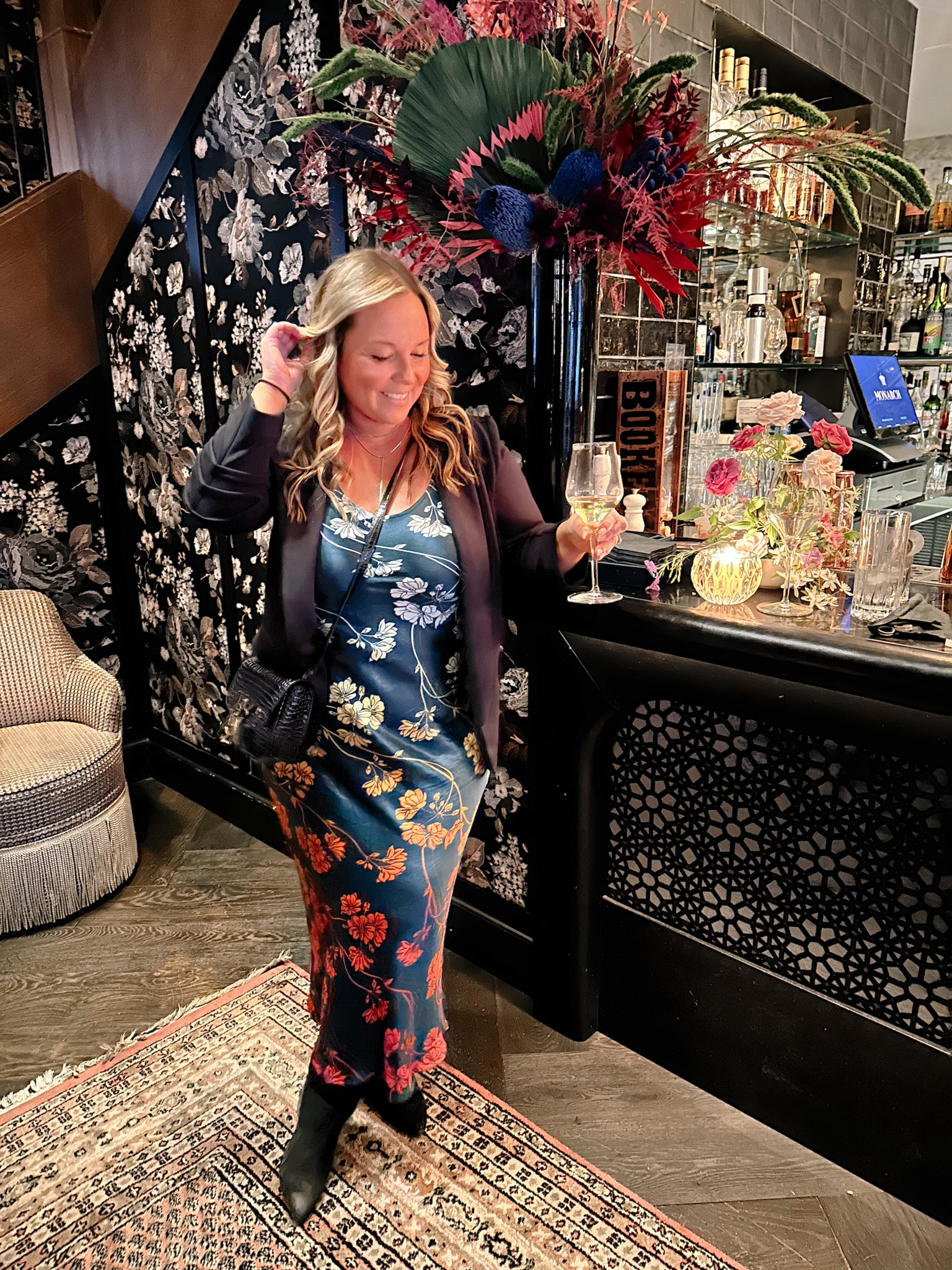 Fall midsize outfit 
Date night or dinner out
Could also be cute for wedding guest dress 
Dress size large petite! Stunning fit! 
Blazer size medium 
Boots are old! #LTKCon 

#LTKover40 #LTKparties #LTKmidsize