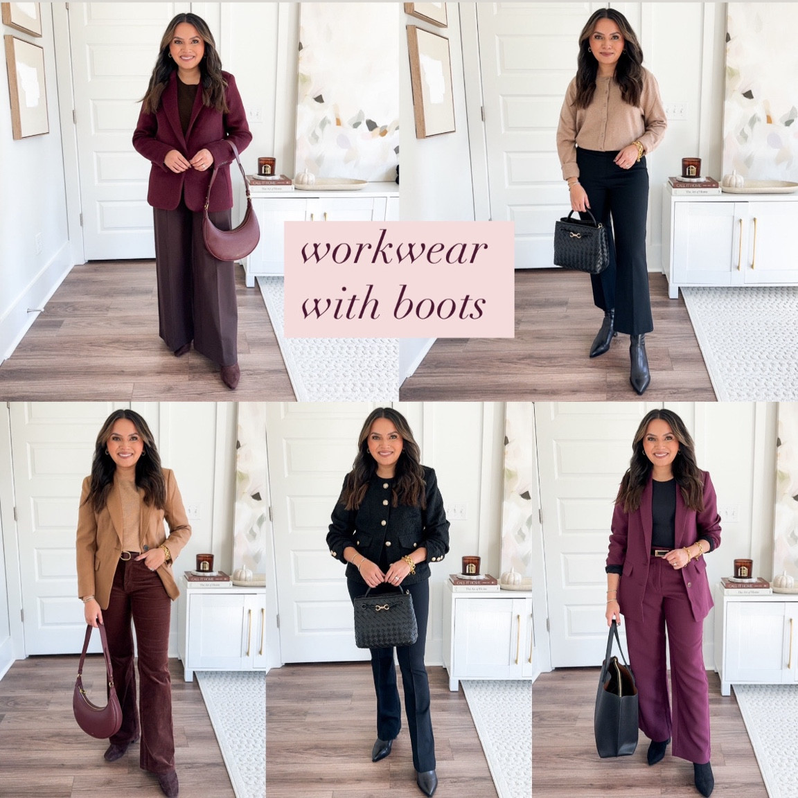 Styling boots with workwear!
Burgundy blazer size xxs TTS
Brown cashmere sweater size xs TTS - use code RACHEL25 for 25% off
Brown flare pants size 2 petite TTS
Brown boots size 5.5 TTS

Tan cardigan size xs - roomy fit 
Black crop flare pants size small petite TTS (usually size 2/26 petite in pants)  - 15% off and free shipping with code HONEYSWEETSPANX
Black boots size 6 - usually size 5.5 but these start in a 6 and fit perfectly

Camel blazer size 0 petite TTS
Camel tan sweater size xs TTS - use code RACHEL25 for 25% off
Brown Corduroy pants size 2 petite TTS
Brown belt size xs TTS
Brown suede boots size 5.5 TTS

Black tweed jacket size xs TTS
Black bodysuit size xs TTS
Black pants size petite TTS (usually size 2/26 petite in pants)  - 15% off and free shipping with code HONEYSWEETSPANX
Black boots size 6 - usually size 5.5 but these start in a 6 and fit perfectly

Burgundy cherry blazer size xs petite TTS
Black bodysuit size xs TTS
Burgundy cherry pants size xs petite TTS
Black belt size 
Black boots size 5.5 TTS 
Black Belt size 26-30”  

Workwear 
Work outfit
Office outfit
Fall outfit 
Fall style
Fall dress 
Fall fashion 
Thanksgiving outfit 
Christmas outfit 
Holidays 

Honey Sweet Petite 
Honeysweetpetite 

#LTKStyleTip #LTKWorkwear #LTKSaleAlert
