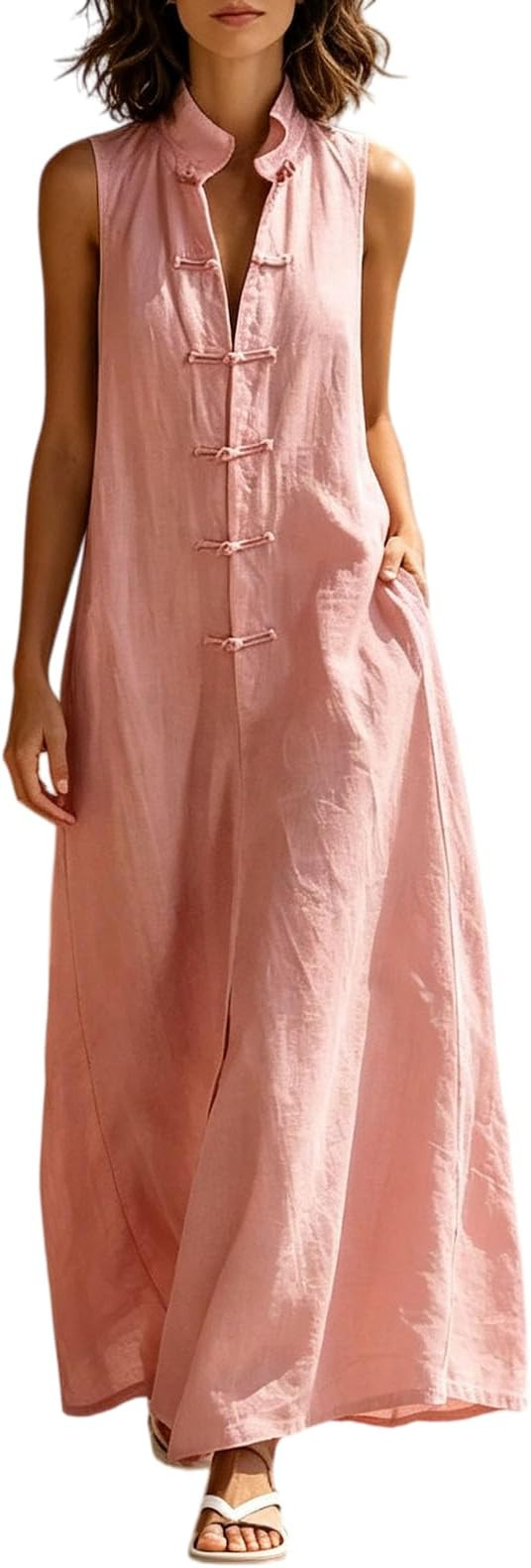 Linen Dress for Women Summer Casual Frog Button Stand Collar Maxi Dress Loose Sleeveless Beach Va... | Amazon (US)