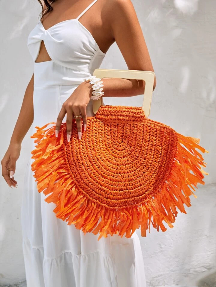 SHEIN VCAY Neon Orange Tassel Decor Straw Bag,Perfect For Summer Beach Travel Vacation | SHEIN