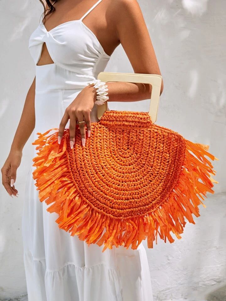SHEIN VCAY Neon Orange Tassel Decor Straw Bag,Perfect For Summer Beach Travel Vacation | SHEIN