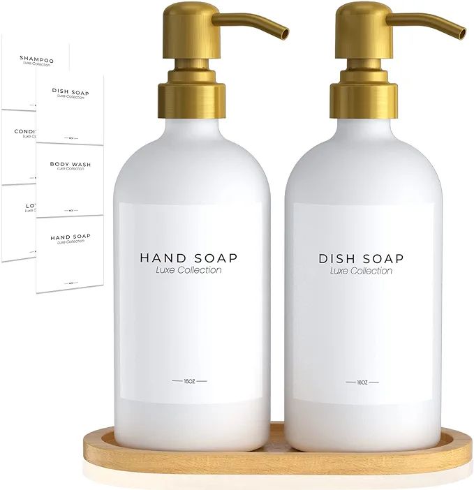 Amazon.com: Glass Soap Dispenser Set for Kitchen Hand Soap Dish Soap, Bathroom Shampoo Conditione... | Amazon (US)