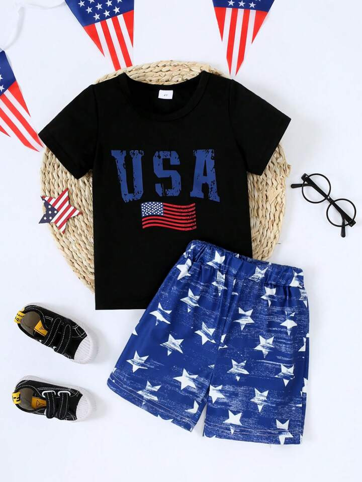 Summer Casual Set For Boys: Letter Print Short Sleeve T-Shirt + Printed Shorts 2pcs/Set | SHEIN