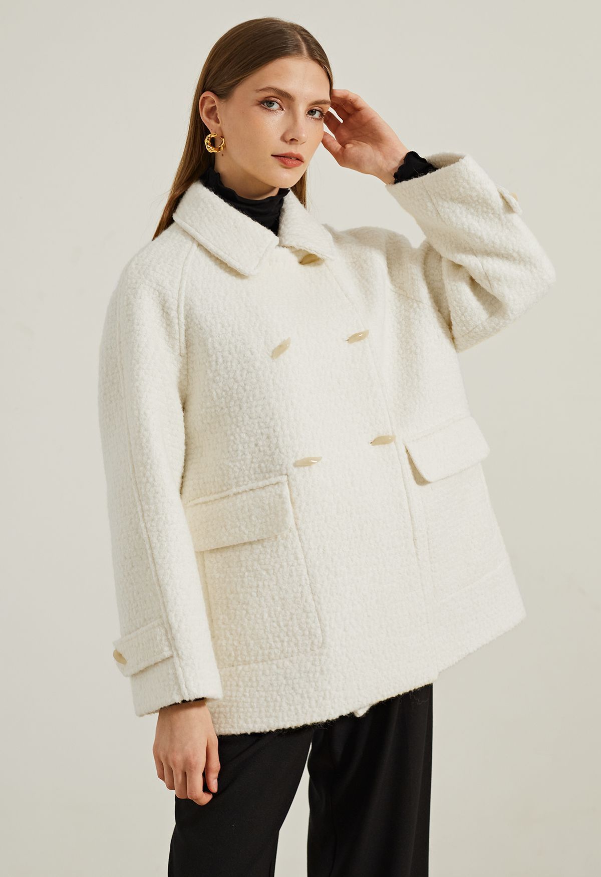 Flap Pocket Wool-Blend Coat in Cream | Chicwish