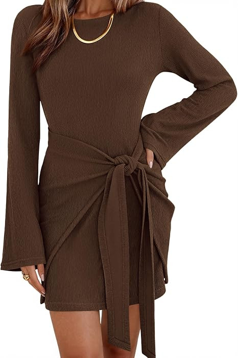 dowerme Women Bell Long Sleeve Tie Waist Bodycon Mini Dress | Amazon (US)