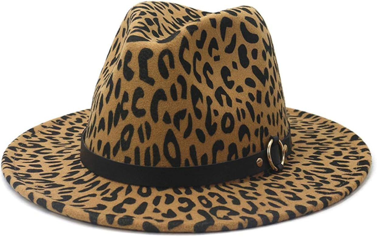 HUDANHUWEI Women's Wide Brim Felt Fedora Panama Hat with Leopard Belt Buckle | Amazon (US)