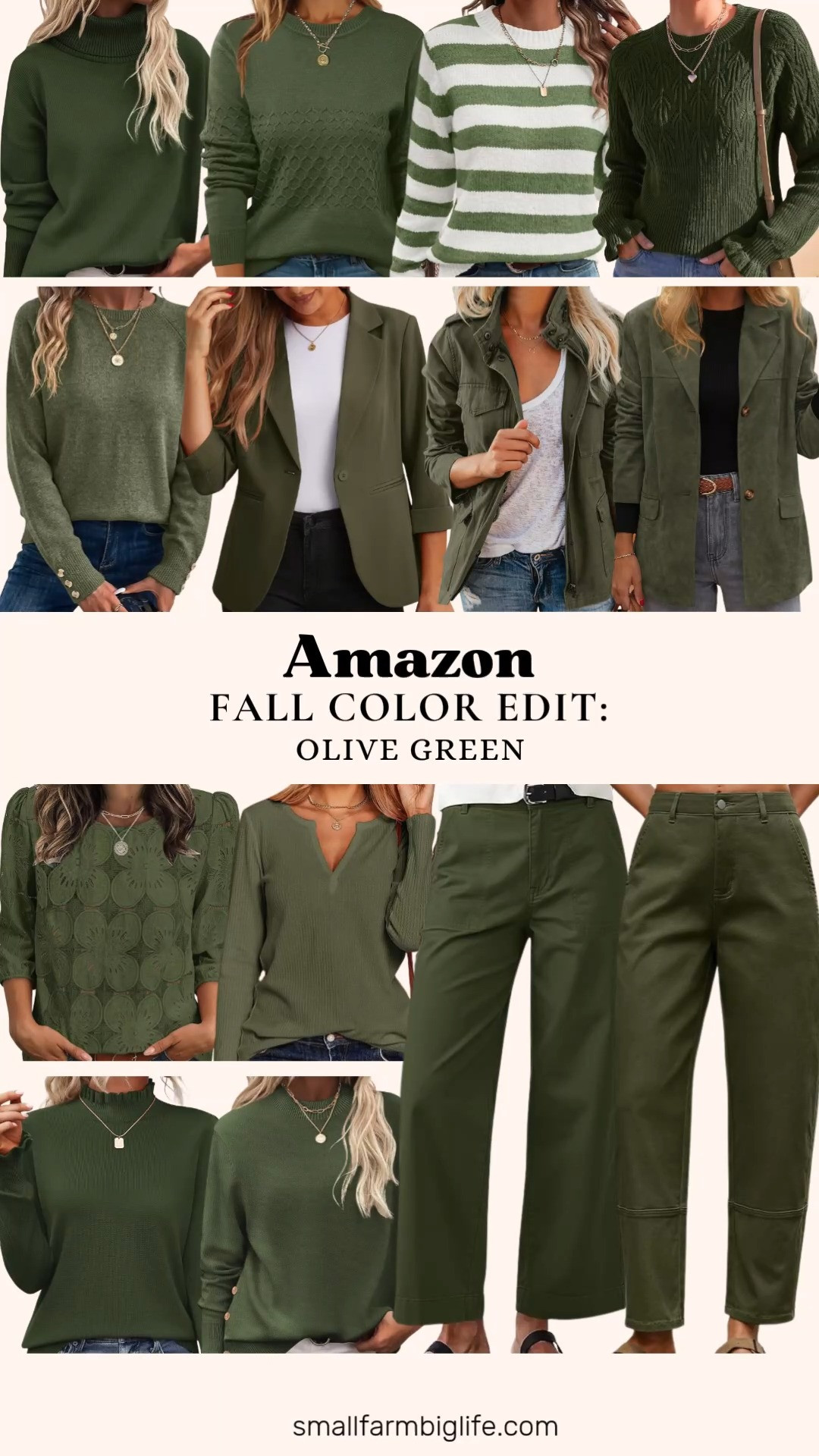Fall Color Edit: Olive Green. Rounding out the palette this season with army green and olive tones from Amazon, perfect for layering into your fall and winter wardrobe.

This army green turtleneck sweater has a charming wavy edge mock neck and elegant flared cuffs, dressy enough for business casual but soft enough for everyday wear. For something chunkier, the army green high low chunky knit pullover is a trendy basic with a longer back hem, and the olive green and cream striped color block sweater adds a cozy, old money touch that's great for teachers or office wear.

Layer with this army green blazer, a lightweight three quarter sleeve option with pockets that's perfect for the office. The olive green button pullover is a classic crewneck for daily wear, and the olive green waffle knit V neck top is a loose fitting, warm layer for casual fall days. This olive green cable knit sweater brings in ruffle sleeve detail for a feminine basic top, while the army green side button knit pullover and army green ribbed crewneck pullover round out your everyday knit rotation.

For dressier options, this olive green honeycomb blouse is a lightweight, dressy casual layering piece for business outfits, and the olive green eyelet lace blouse adds a soft, feminine touch for work or weekend wear.

On the bottom half, these army green wide leg cropped pants have a high waisted elastic fit for a casual ankle length look, or try the army green harem pants for a cargo seam, layered style. For outerwear, the army green utility safari jacket brings a military inspired zip up style, and the army green faux suede western blazer is an oversized, notched lapel jacket for a dressy business casual finish.

All in that rich olive and army green palette this fall. Shop the full collage below and let me know your favorite piece.

#falloutfitinspo #olivegreen #armygreen #amazonfashionfinds #fallcolorpalette #businesscasualoutfits #amazonfinds 

 #LTKootd #LTKOver40 #LTKWorkwear