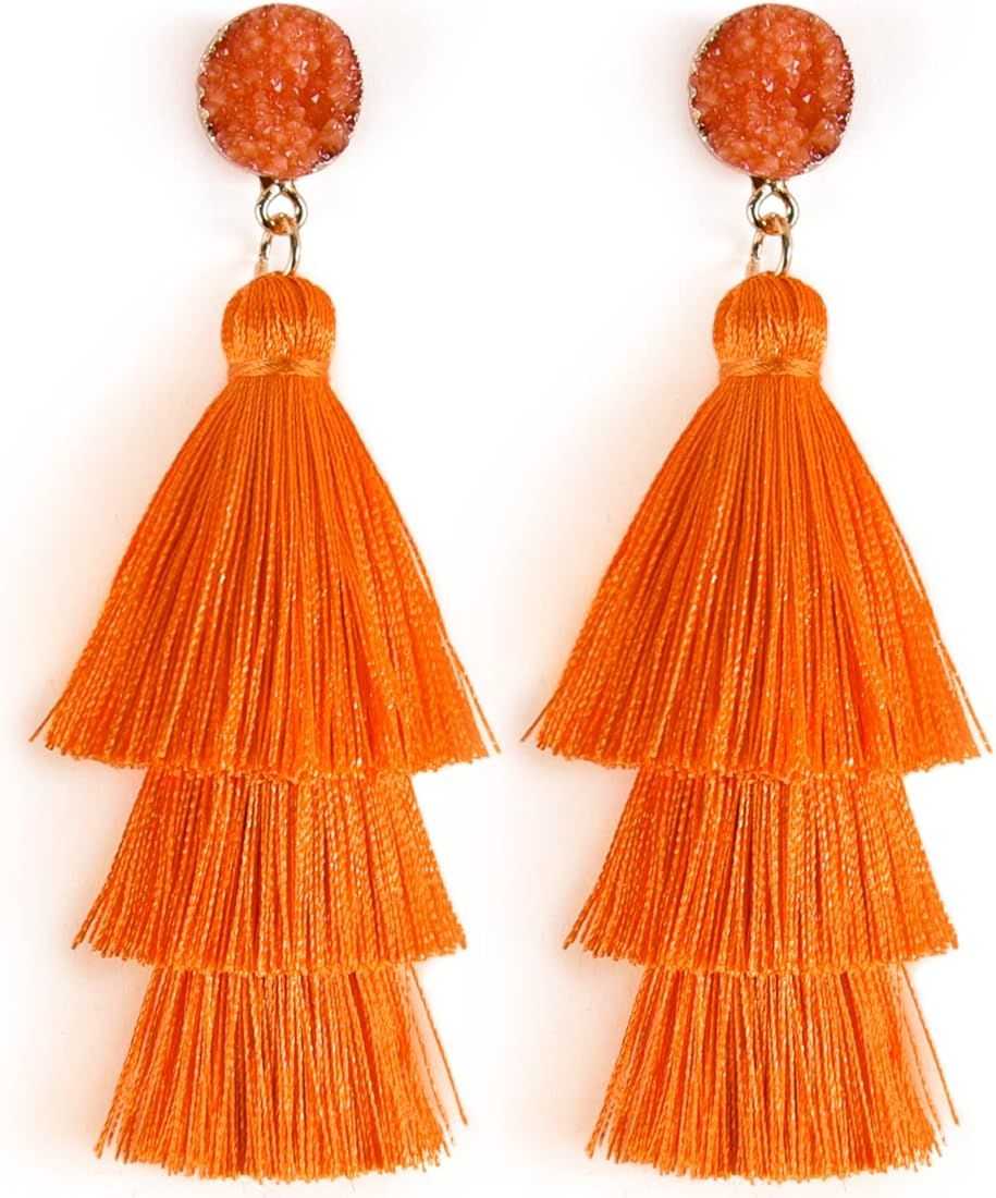 Colorful Statement Layered Tassel Earrings, Druzy Stud Bohemian Dangle Drop Earrings, Handmade Li... | Amazon (US)