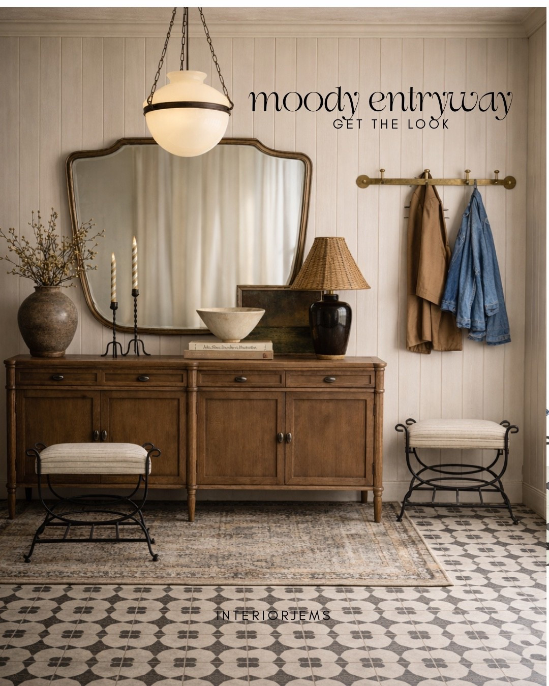 Moody Entryway get the look, pendant, light, oversized, mirror, credenza, or buffet, coat, rack, coat, hooks, new Ottomans from target, a table lamp, decorative bowl, decorative vase, living room

#LTKSaleAlert #LTKHome