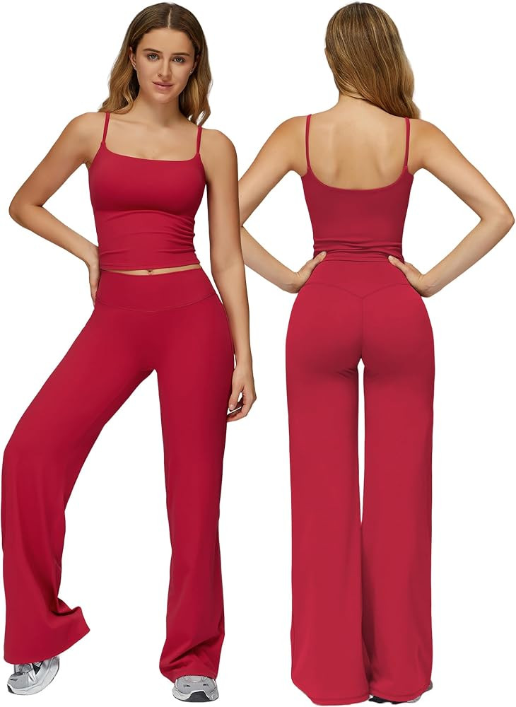 Women 2 Piece Workout Sets Spaghetti Straps U Back Tank Tops and High Waist Active Wide Leg Pants... | Amazon (US)