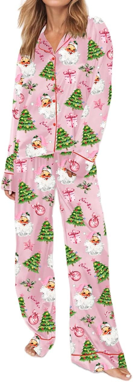 Satin Silk Christmas Pajamas Set for Women Cute Santa Claus Pjs Button Up Shirt+Pants 2 Piece Xma... | Amazon (US)