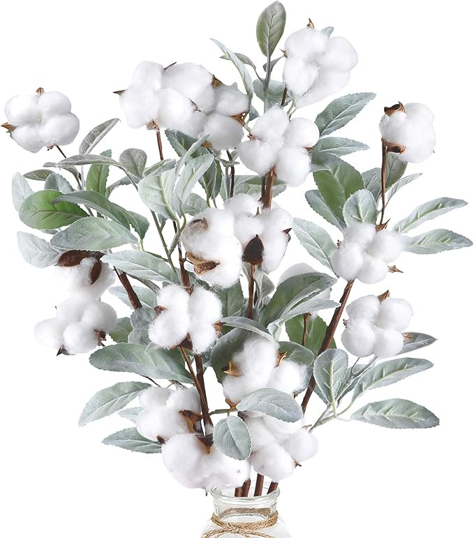 CEWOR 5pcs Cotton Stems 23.5" Artificial Cotton Flower Branches with Lambs Ear Leaves for Home Fa... | Amazon (US)