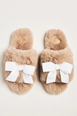 Maeve Faux Fur Open-Toe Bow Slippers | Anthropologie (US)