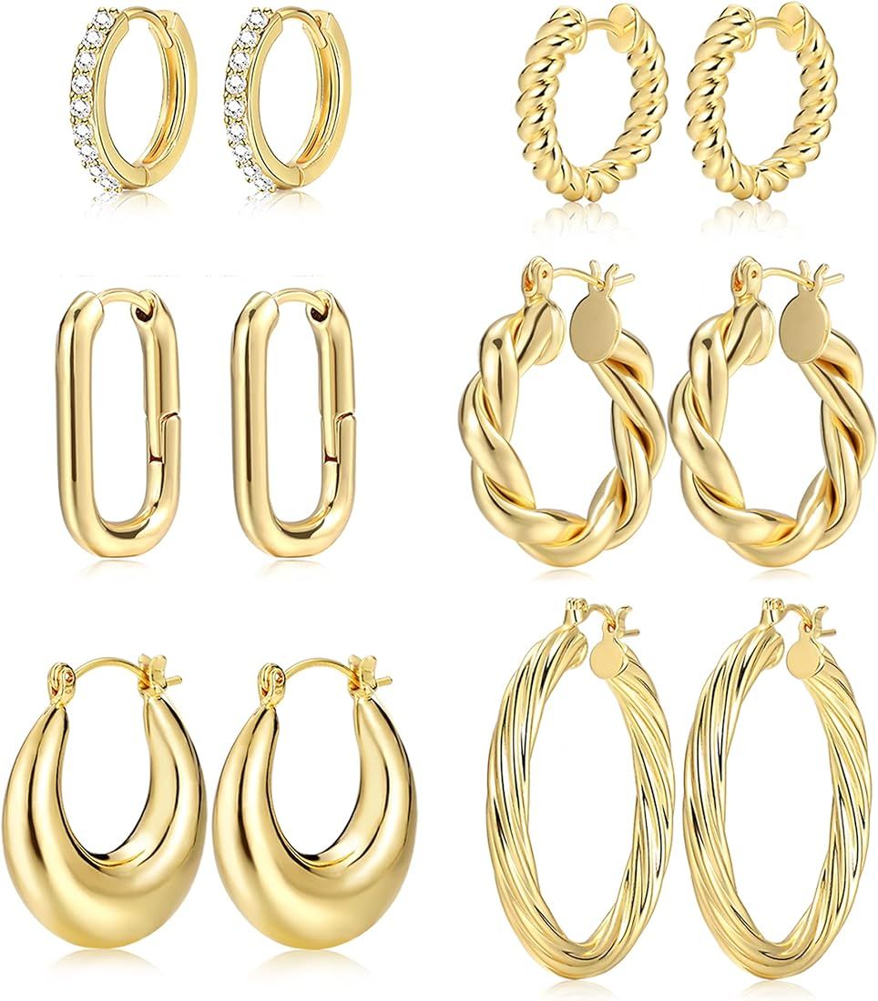 9 Pairs Gold Hoop Earrings for Women, 14K Gold Plated Lightweight Chunky Twisted Hoop Earrings Se... | Amazon (US)