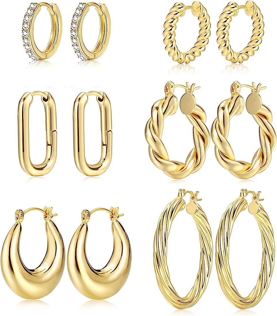 9 Pairs Gold Hoop Earrings for Women, 14K Gold Plated Lightweight Chunky Twisted Hoop Earrings Se... | Amazon (US)