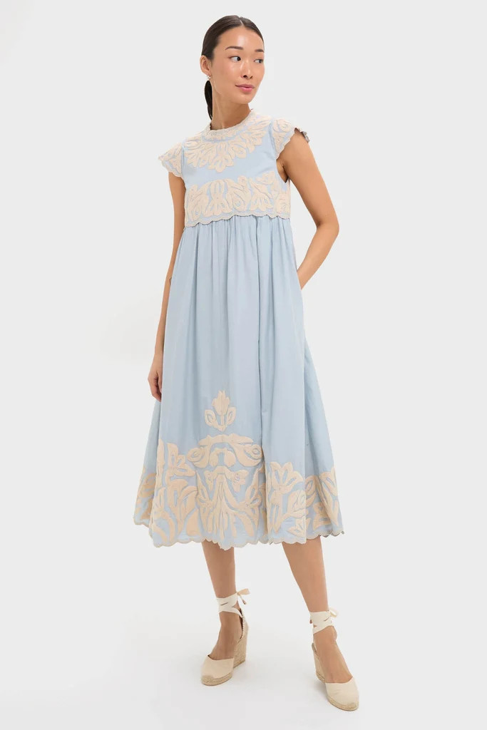 Blue Alexandra Embroidery Cap Sleeve Midi Dress | Tuckernuck (US)