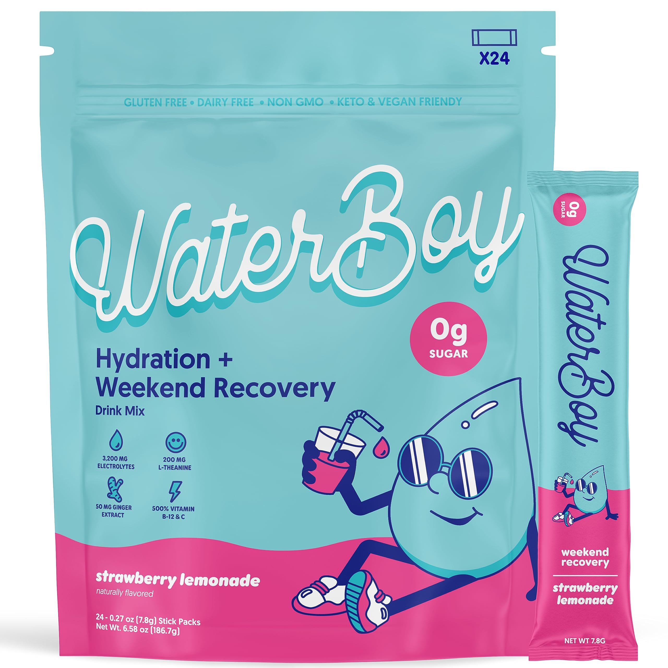 Waterboy Weekend Recovery | 3,200mg Electrolyte Powder Packets | Ginger + L-Theanine + Vitamins |... | Amazon (US)