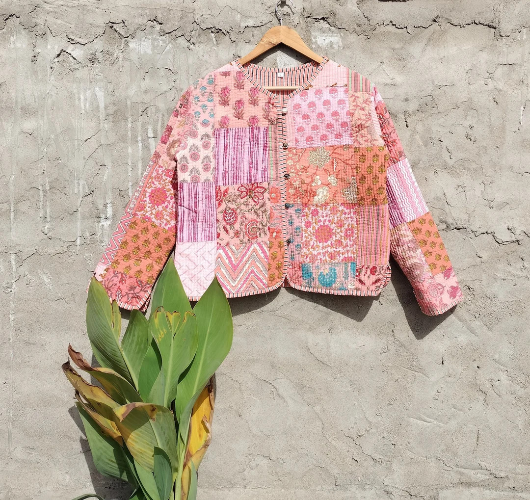 Cotton Quilted Jacket Women Wear Front Open Kimono Stripe Piping Handmade Vintage Quilted Jacket ... | Etsy (US)