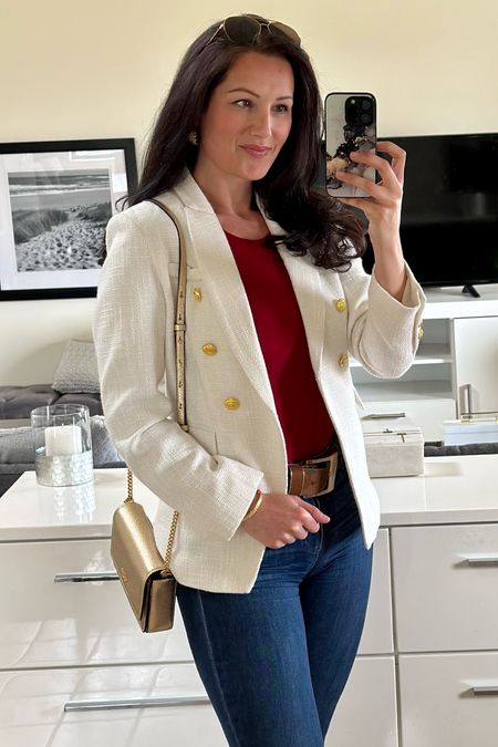 White double breasted blazer with brass buttons, bodysuit, and wide leg high rise jeans. 

#LTKunder100 #LTKstyletip #LTKFind