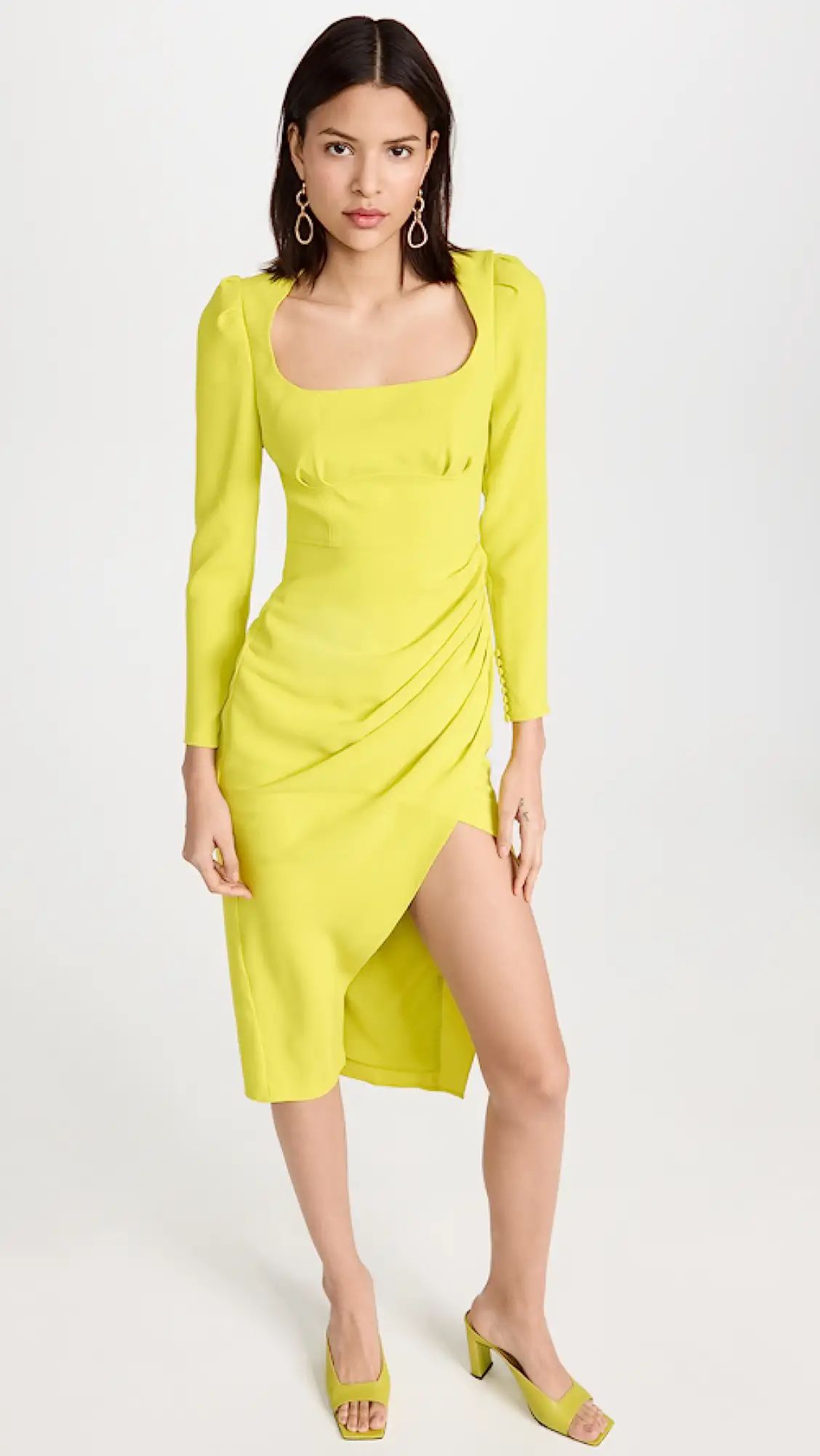 Yellow Crepe Ruched Midi Dress | Shopbop