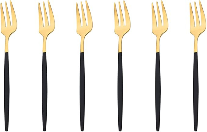 6 Pieces Stainless Steel 3-tine Dessert Fork, Cake Fruit Fork Set, 5.31" Black Gold, Shiny | Amazon (US)