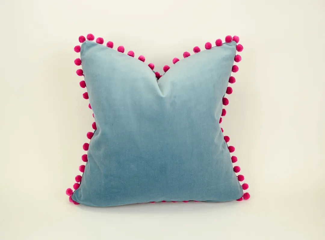 Blue Velvet Pom Pom Pillow // Pink Pom Pom Cushion // Blue and Pink Pillow - Etsy | Etsy (US)