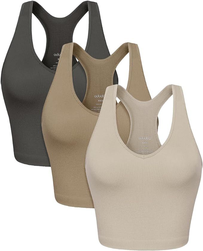 ODODOS 3-Pack Seamless Racerback Crop Tank for Women Ribbed Knit Soft Crop Tops | Amazon (US)