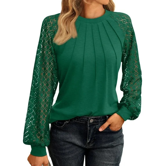 SUNBS Blouses for Women Lace Tops Crewneck Casual Fashion Pleated Long Sleeve Shirts | Walmart (US)