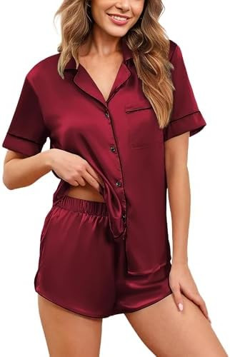 Ekouaer Womens Silk Satin Pajamas Set Short Sleeve Sleepwear Button Down Loungewear 2 Piece Pjs S... | Amazon (US)