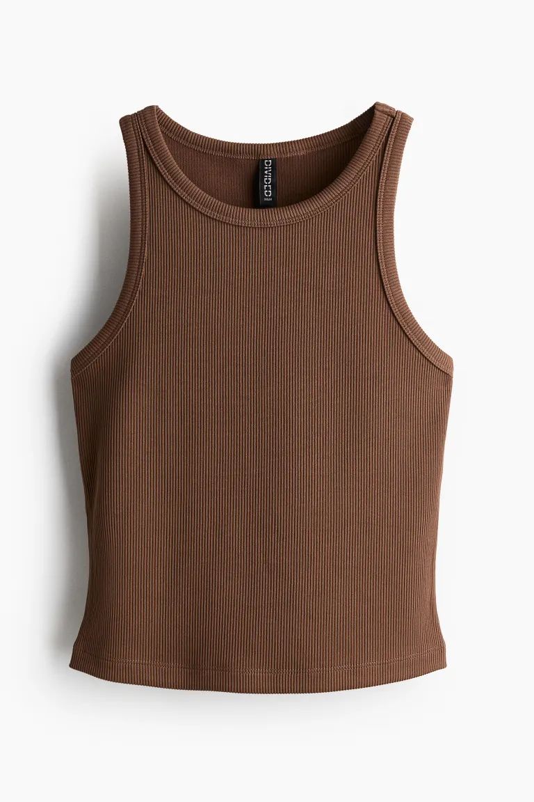 Ribbed Tank Top - Round Neck - Sleeveless - Dark brown - Ladies | H&M US | H&M (US + CA)
