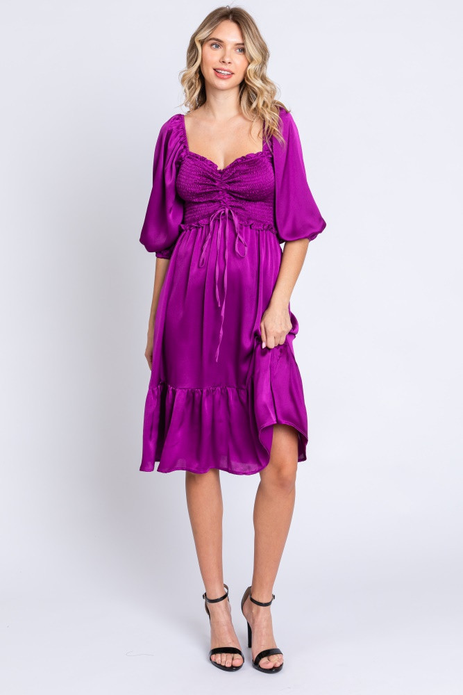 Plum Satin Smocked Ruffle Hem Dress | PinkBlush Maternity