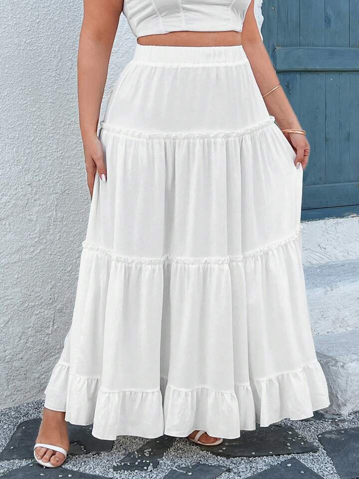 Breezaya Plus Size Women Elegant Ruffled Split Solid Color Vacation Skirt | SHEIN